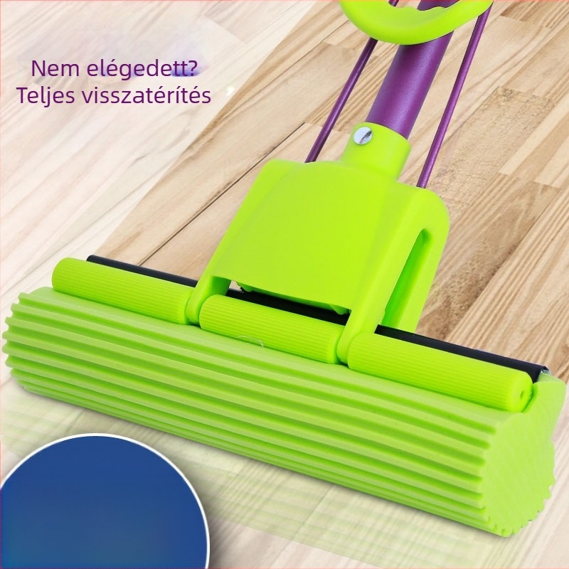 Mosható háztartási mop görgős nyomó mechanizmussal, abszorbens szivacsfej, rozsdamentes acél szár