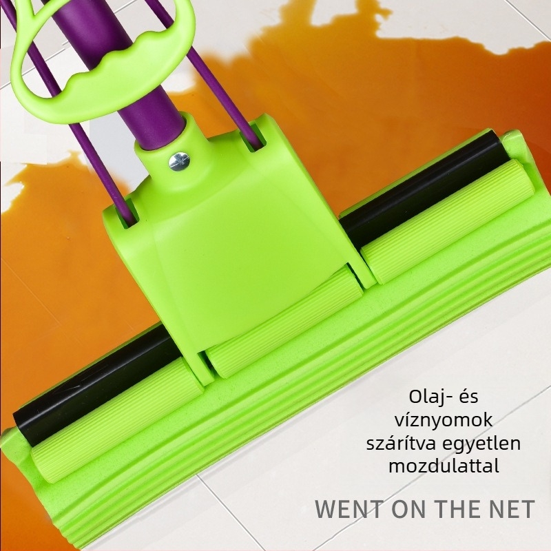 Mosható háztartási mop görgős nyomó mechanizmussal, abszorbens szivacsfej, rozsdamentes acél szár