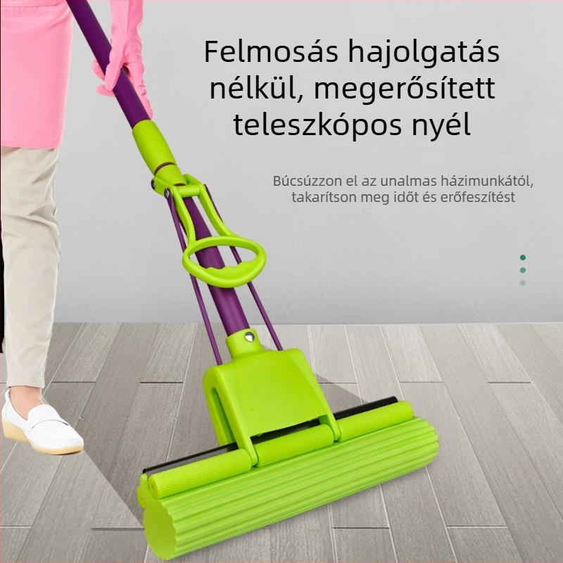 Mosható háztartási mop görgős nyomó mechanizmussal, abszorbens szivacsfej, rozsdamentes acél szár