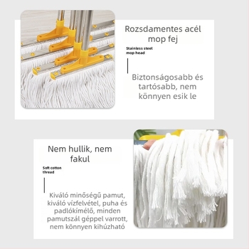Rozsdamentes acélrúddal és pamutszálas felmosófejjel készült ipari padlótisztító mop, hotel tisztításra, fej 10–80 cm közötti méretben, rostok nem esnek ki