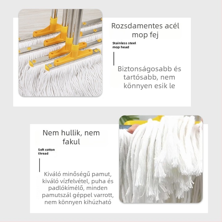 Rozsdamentes acélrúddal és pamutszálas felmosófejjel készült ipari padlótisztító mop, hotel tisztításra, fej 10–80 cm közötti méretben, rostok nem esnek ki