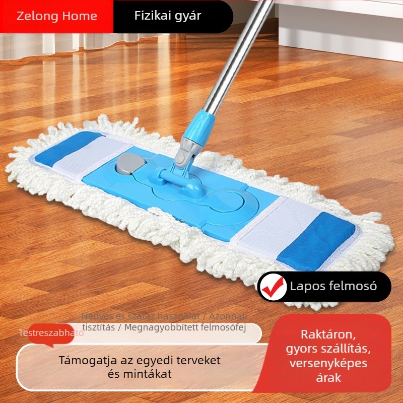 Lapos mop forgatható mikroszálas kendővel, teleszkópos rozsdamentes acél nyéllel, fej 65×25 cm, színek: lila, kék, kék-fehér