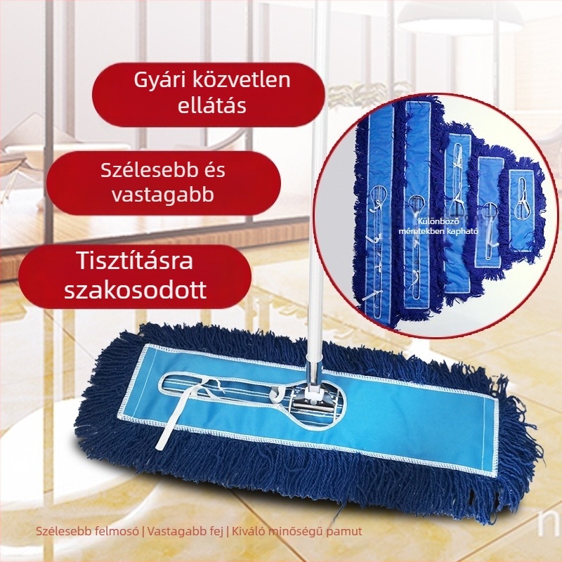 Lapos mop pamutszálból, rozsdamentes acél nyél, Velcro porfelhúzó, autómosáshoz tisztító kendő