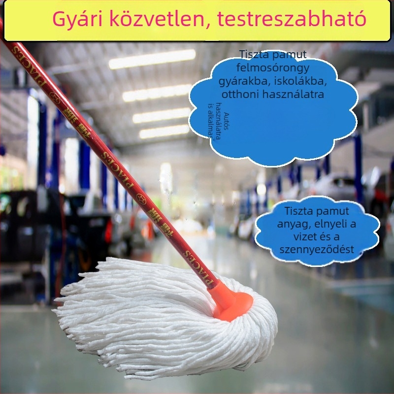 Fából készült mop, körkörös fejjel, pamutfonallal, nedvszívó