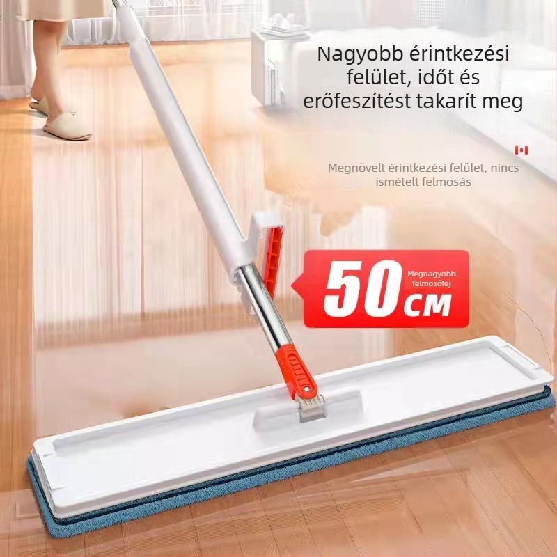 Fehér sík mop 50×12 cm, mikroszálas párnával, érintésmentes kinyomás, rozsdamentes acél nyél, teleszkópos 150 cm-ig