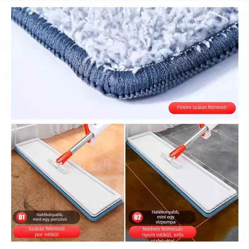 Fehér sík mop 50×12 cm, mikroszálas párnával, érintésmentes kinyomás, rozsdamentes acél nyél, teleszkópos 150 cm-ig