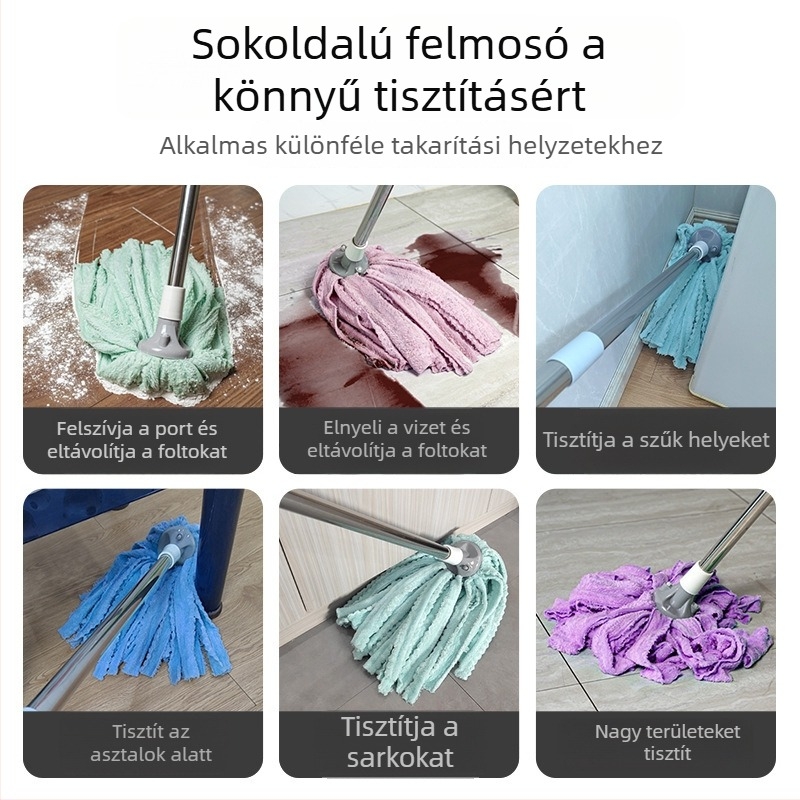 Nagy méretű, hagyományos törölközős mop, háztartási használatra, korallgyapjú mopkendővel és rozsdamentes acél nyéllel
