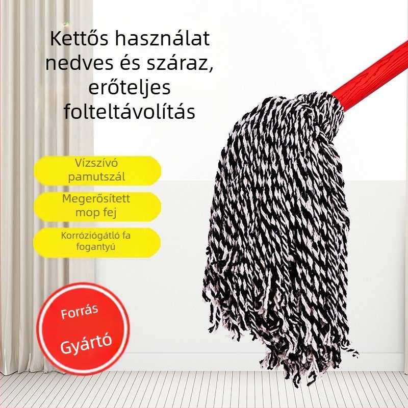 Személyre szabott kézi felmosó kör fejjel, fa nyél, pamutfonalból készült kendőcsíkokkal, nedvszívó tisztításhoz