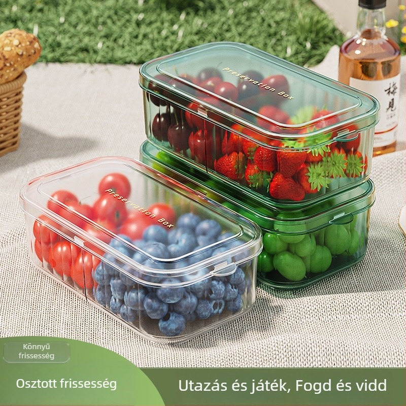 Áttetsző műanyag tároló doboz nasikhoz és gyümölcsökhöz a konyhába és a hűtőbe, osztott rekeszekkel és nyitható fedéllel, 19×9.8×6 cm, fehér.