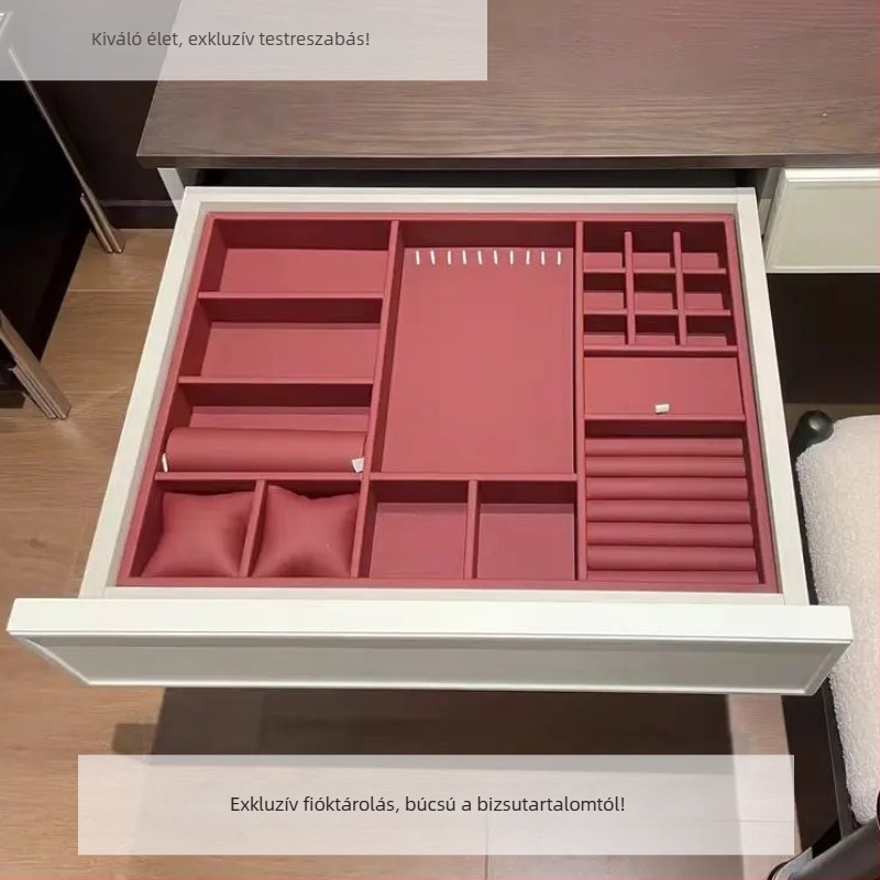 Személyre szabott bőr ékszertároló szekrény fiókokkal és rekeszekkel a nyakláncok és a fülbevalók számára