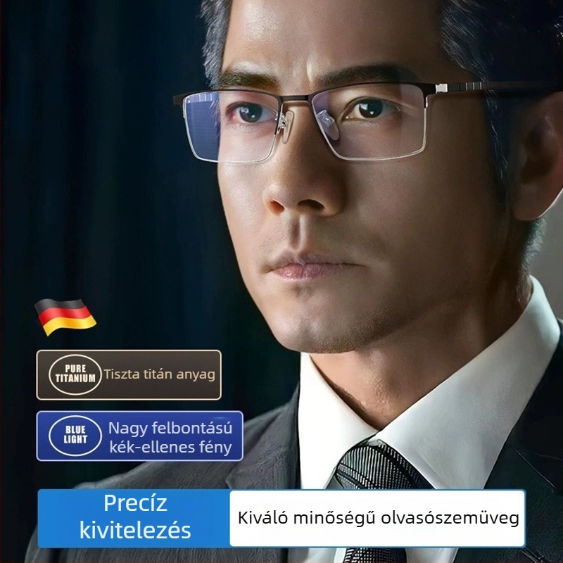 Férfi olvasó szemüveg, félkeretes kivitel, tiszta titánból, progresszív, kékfényvédő, modell 8358