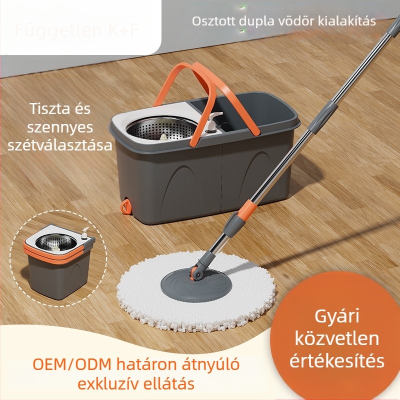 Forgó mop készlet leválasztható és összecsukható vödörrel, mikroszálas fej, rozsdamentes acél rúd, 130 cm teleszkópos hossz, szürke-narancs szín