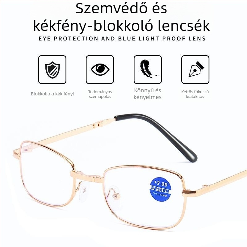 Összecsukható, hordozható olvasó szemüveg HD kékfény elleni lencsékkel férfiak és nők számára, középkorúak és idősek számára, 100/150/200/250/300/350 dioptria
