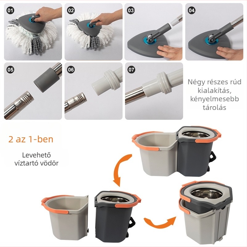 Lábpedálos spin mop készlet szétválasztható és összecsukható vödörrel, pedál a forgatáshoz