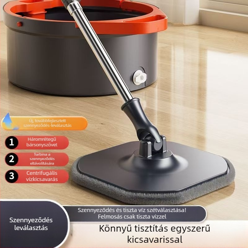 Forgó mop kéz nélküli működéssel, víz szétválasztó rendszerrel, automatikus kicsavarás és szárítás, beépített mopvödör