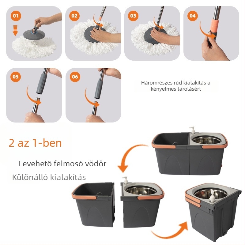 Holamopa összecsukható vödörrel ellátott forgó mop készlet, leválasztható vödörrel és mosható mop fej