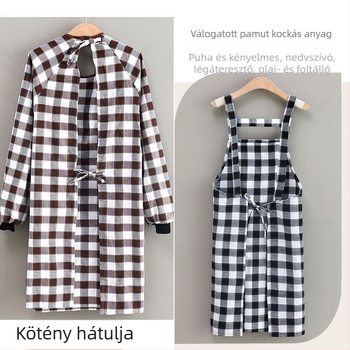 Koreai stílusú kötény ujjakkal, pamut- és lenanyagból, cipzáras zseb, szabad méret, csíkos vagy kockás mintázat.
