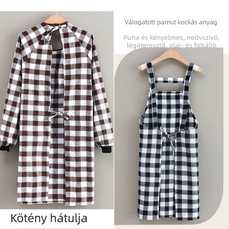 Koreai stílusú kötény ujjakkal, pamut- és lenanyagból, cipzáras zseb, szabad méret, csíkos vagy kockás mintázat.
