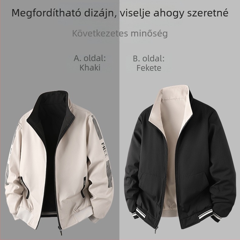 Férfi reverszibil kabát tavasz–őszre, álló gallérral, casual stílusú