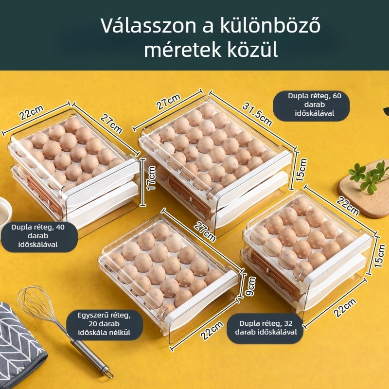 PET sorozat időmérő skálával ellátott fiókos tojásdoboz, hordozható piknikre és hűtőben történő tárolásra