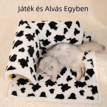 Tehénmintás macskafészek L-alakú alagúttal és integrált játék- és alvó matraccal