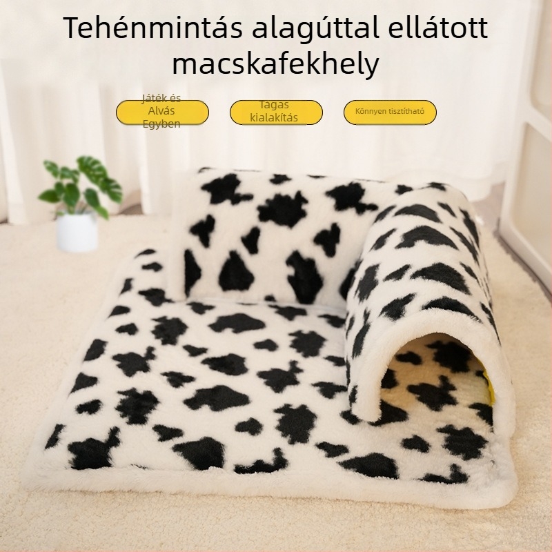 Tehénmintás macskafészek L-alakú alagúttal és integrált játék- és alvó matraccal