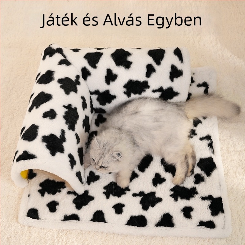 Tehénmintás macskafészek L-alakú alagúttal és integrált játék- és alvó matraccal