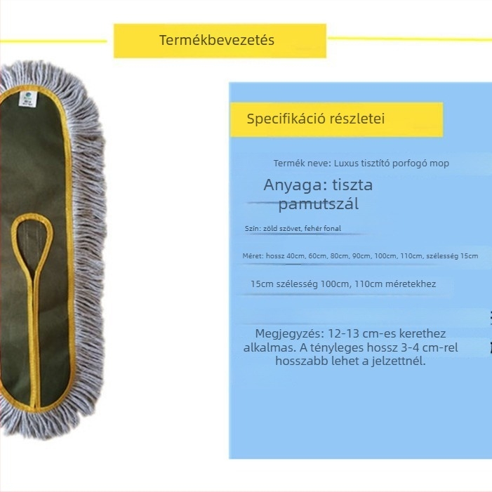Lapos mopfej pamutszövetes cserélhető kendővel por tisztításához, méretek 60/80/90/110 cm