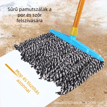 Lapos mop fa nyéllel, pamutszálas fej, nagy méret, kerek fej, háztartási használatra, nedvszívó