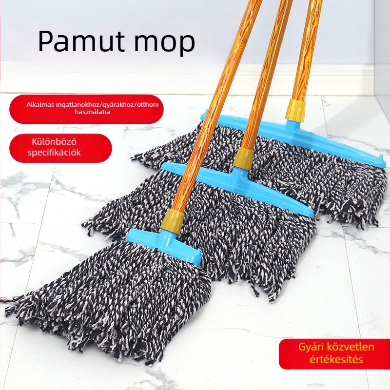 Lapos mop fa nyéllel, pamutszálas fej, nagy méret, kerek fej, háztartási használatra, nedvszívó