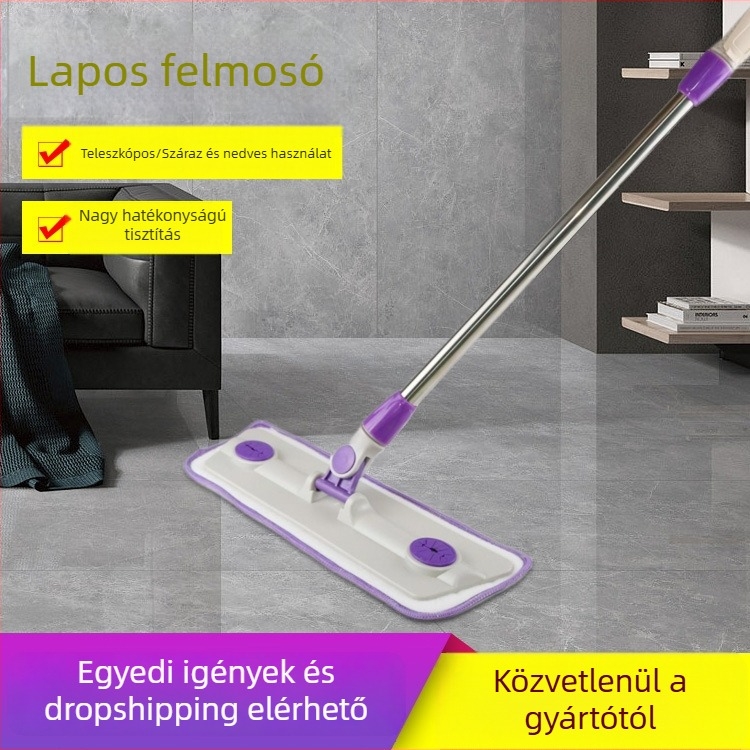 Mikroszálas lapos felmosó fa padlókhoz, 360°-os forgású, tapadó fejű száraz és nedves tisztításhoz