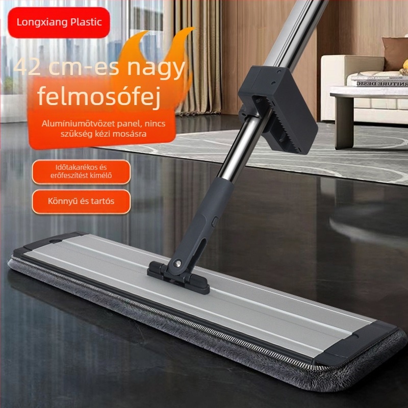 Lapos mop 42 cm-es nagy alumínium ötvözet panellel, 144 cm-es teleszkópos nyéllel, görgős kinyomó rendszerrel