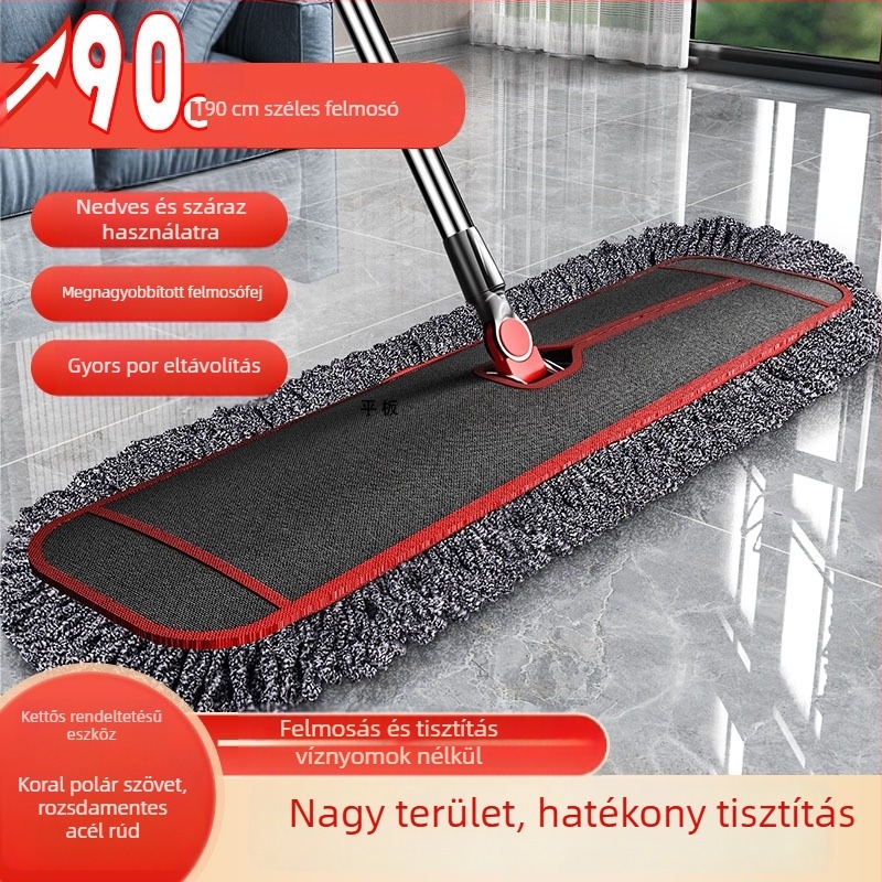 Vastagított sík felmosó készlet mikroszálas fejjel és rozsdamentes acélrúddal, nagy méret (40/60/90 cm) por eltávolítására