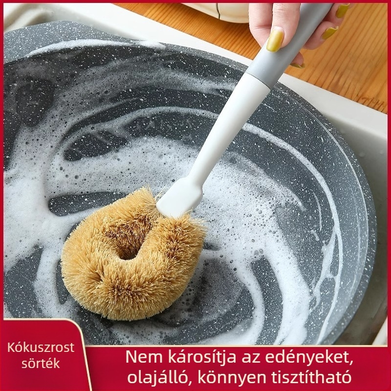 Hosszú nyeletű kókuszrost edény- és tálkefe, fa nyéllel, kíméletes tisztításhoz