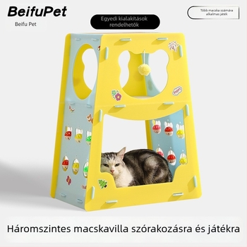 Kétszintes macska fészek alagúttal, karmolódeszkával és mászókerettel – beltéri multifunkcionális játék macskáknak