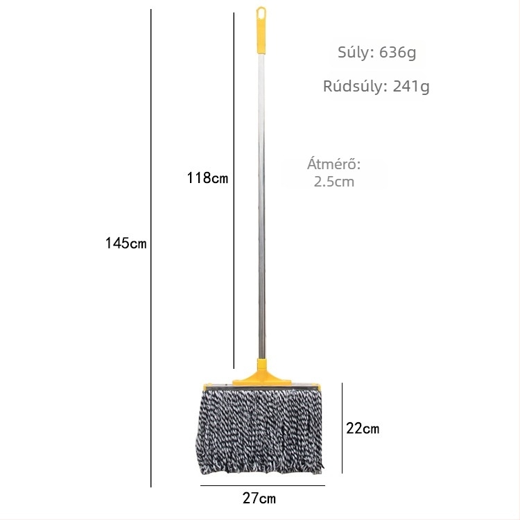 Pamutfonalból készített mop rozsdamentes acél rúddal, klasszikus padló mop, 27 cm nedvszívó fej.