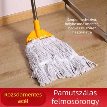 Pamutfonalas mopfej cserélhető kendővel, csipesszel rögzítve, rozsdamentes acélhoz, négyszögletes kinyomás, nagy felületekhez – háztartási és kereskedelmi használatra