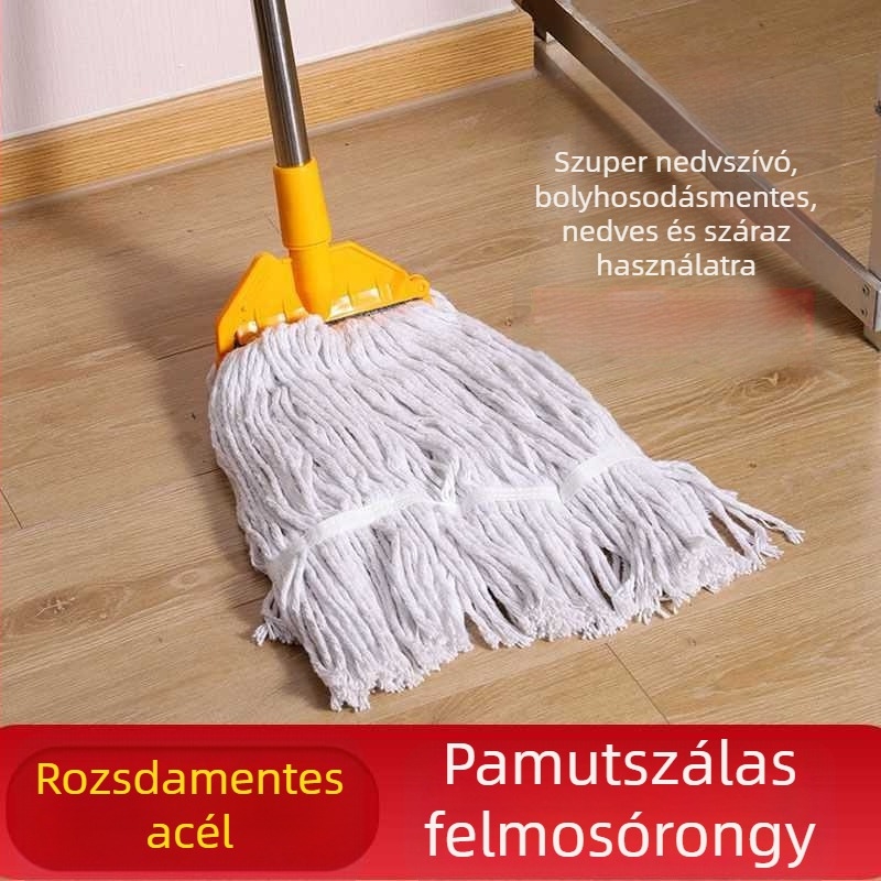 Pamutfonalas mopfej cserélhető kendővel, csipesszel rögzítve, rozsdamentes acélhoz, négyszögletes kinyomás, nagy felületekhez – háztartási és kereskedelmi használatra