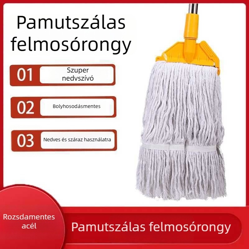 Pamutfonalas mopfej cserélhető kendővel, csipesszel rögzítve, rozsdamentes acélhoz, négyszögletes kinyomás, nagy felületekhez – háztartási és kereskedelmi használatra