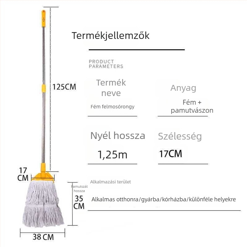 Pamutfonalas mopfej cserélhető kendővel, csipesszel rögzítve, rozsdamentes acélhoz, négyszögletes kinyomás, nagy felületekhez – háztartási és kereskedelmi használatra