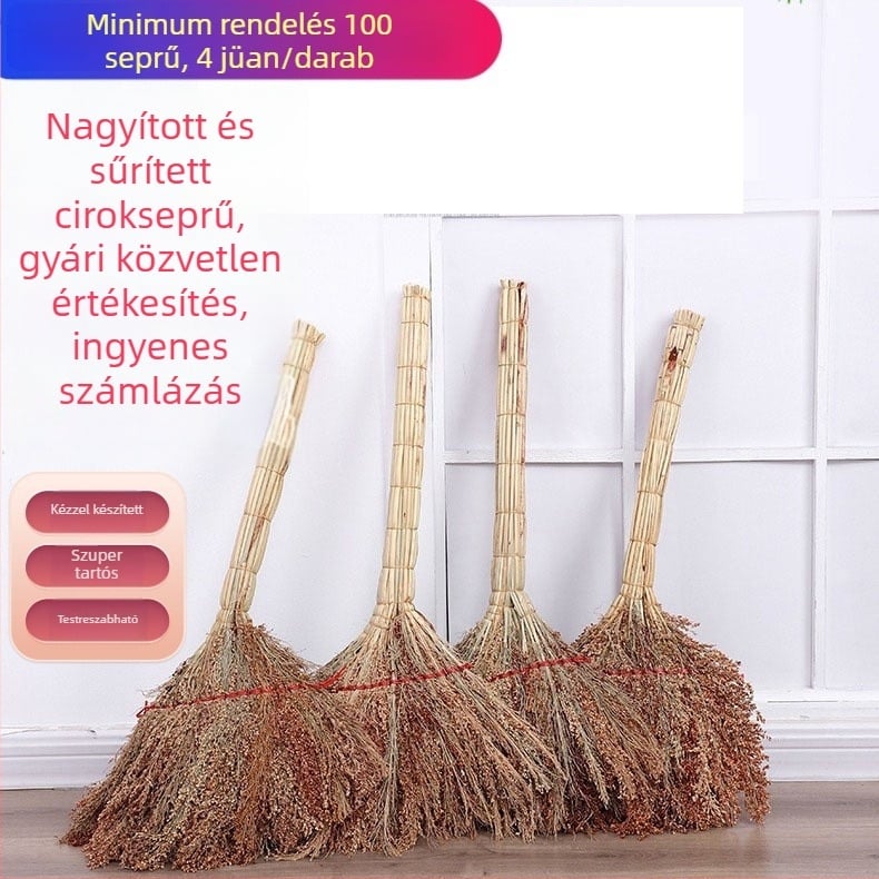 Sorghum seprő, vastagított, kézzel készített háztartási seprő