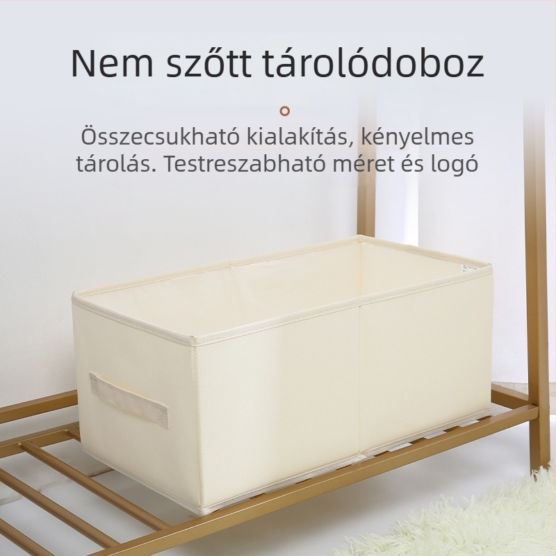 Keskeny, hosszú ruhatároló doboz, téglalap alakú textil tároló doboz nyomtatott logóval, nem szőtt anyagból, osztókkal