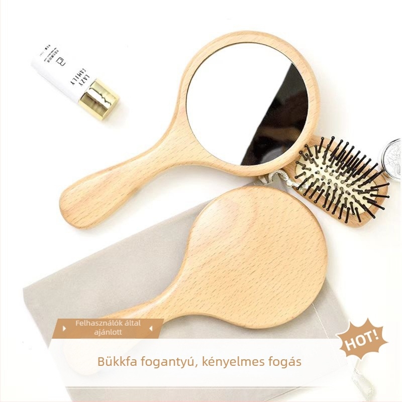 Hordozható tömörfa sminktükör, kör alakú, kézben tartható, nagy méret, gravírozható