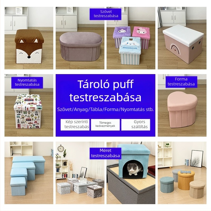 Teddy bársonnyal készült tároló puff nagy kapacitással és beépített tároló dobozzal, összecsukható ülőalkalmatosság