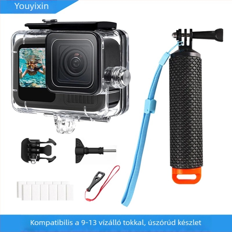 GoPro 9-13 vízálló ház úszó rúddal – sportkamera kiegészítő, ütés- és porálló, merülésvédelmet nyújtó