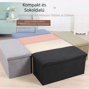Négyszögletes pamut-len tároló puff, otthoni használatra, többfunkciós, összecsukható textil ülőke tárolóval, cipőcserére ideális