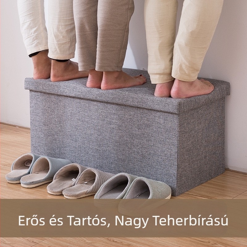 Négyszögletes pamut-len tároló puff, otthoni használatra, többfunkciós, összecsukható textil ülőke tárolóval, cipőcserére ideális