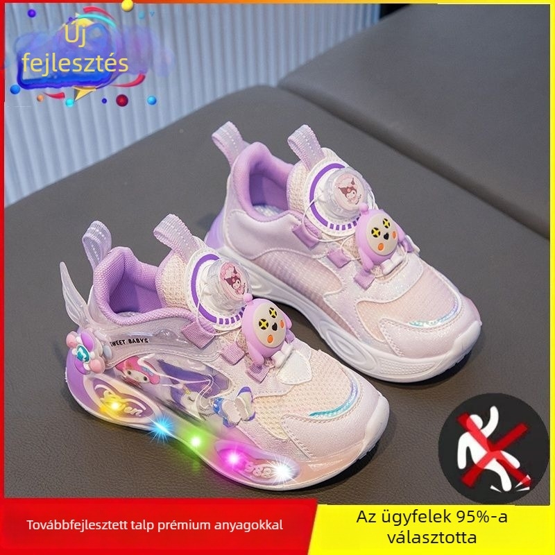 Lányoknak készült hálós sportcipő világító gombbal, lélegző, 2025 tavasz-ősz kollekció