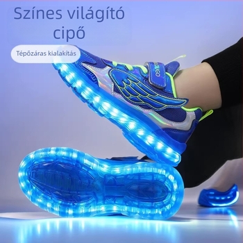 Tölthető gyerek görkoccsolya szárnyakkal, színes LED világítással, Velcro-zárás