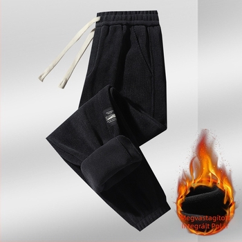 Férfi corduroy sportnadrág fleece béléssel, tartós, lazább szabású téli viselet